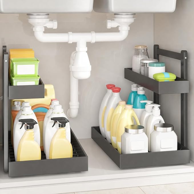 Bamboo Under Sink Organizer, 2-Tier Pull Out Cabinet Organizer | Kitchen Sink Organizer | Bathroom Cabinet Organizer | Cleaning Supply Storage | L-Shape | 3-Level Adjustable | Natural Bamboo