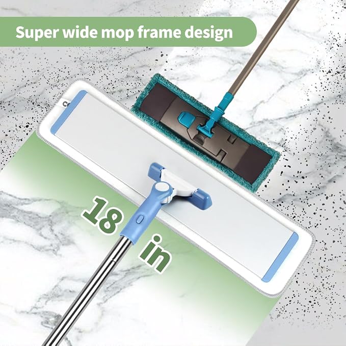 CQT 18" Commercial Flat Microfiber Floor Mop Cleaning System with 4 Washable Pads Cleaner for Laminate Tile (PT13-Blue)