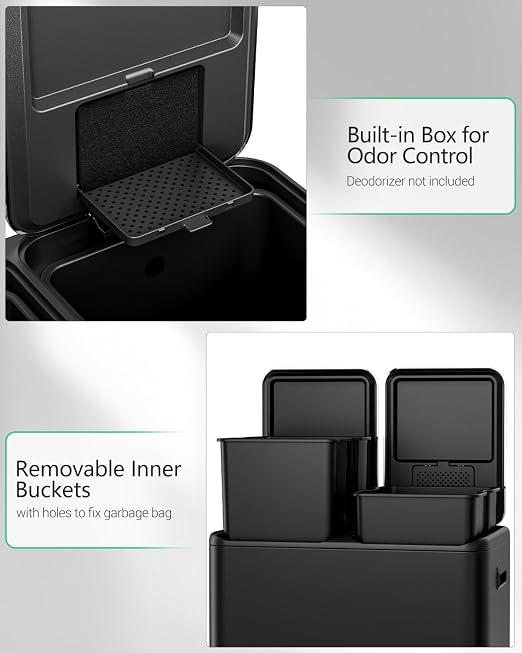 TLSUNNY 2 X 8 Gallon Double Compartments Kitchen Trash Can, Stainless Steel | Dual Trash and Recycling Bins with Odor Control, Soft-Close Lid, Removable Inner Bucket, Handle, Pedal, for Home, Black