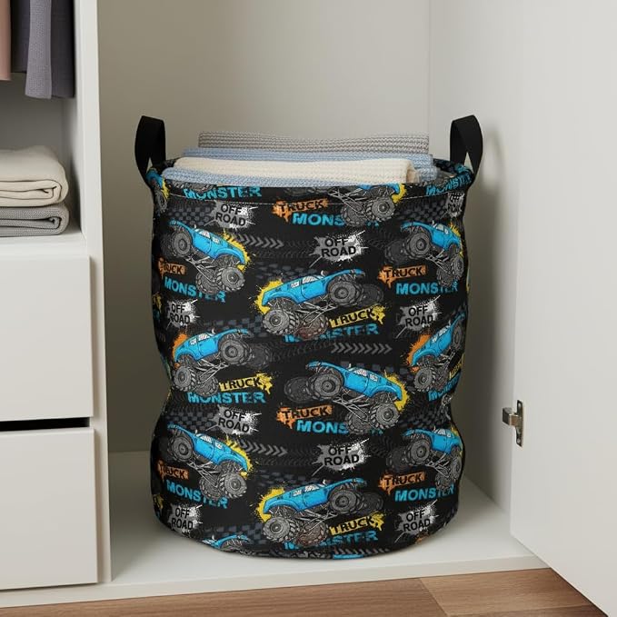 Collapsible Round Storage Basket, Waterproof Soft-Sided Organizer,Laundry Basket(Monster Truck)