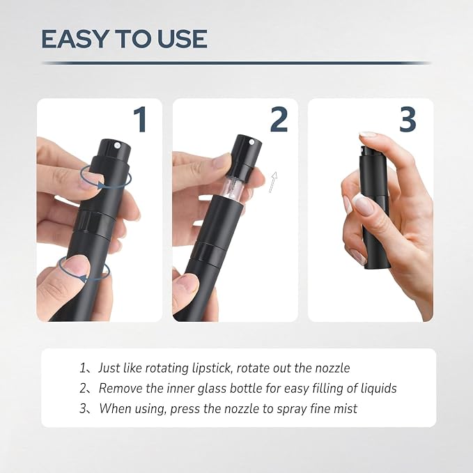 8ml Travel Perfume Bottle Refillable, Atomizer Sprayer for Cologne 3PCS | Twist up spray for fragrance, leak proof, mini size, empty, portable, refill small decanter, for men & women, TSA