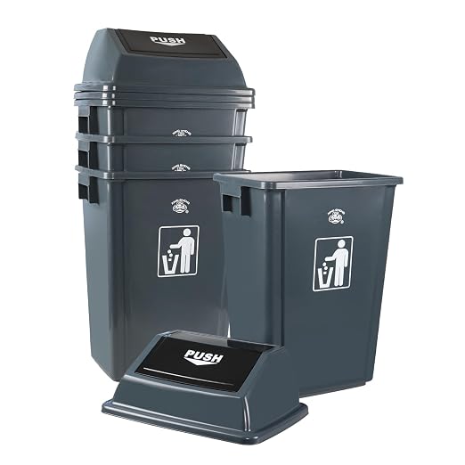 4-Pack 18 Gallon Swing-Top Trash Can, Plastic Garbage Bin | Large Kitchen Wastebasket, Swing Lid, Durable Plastic, Space-Saving Design, Gray