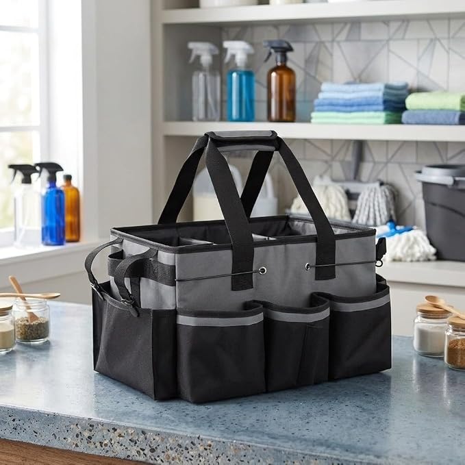 Large Cleaning Caddy Bag with Removable Divider - 600D Oxford Storage Organizer for Supplies, Tools, Spray Bottles - Portable Tote for Housekeeping, Gardening, Car Trunk - Black 14x10x9 Inch(Dark Gray)