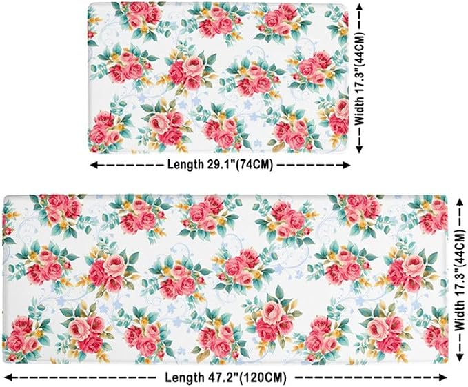 Feelyou Red Floral Kitchen Rugs Sets 2PCS Romantic Rose Flowers Kitchen Mats for Floor Blue White Plaid Reversible Patchwork Cushioned Anti Fatigue Waterproof Non-Slip Rugs Accessories