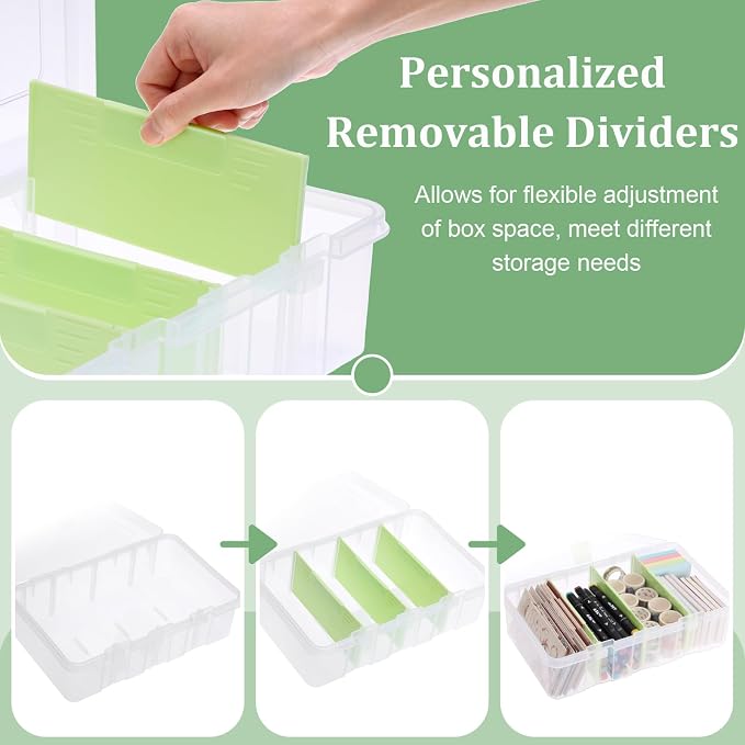 BTSKY Clear Plastic Dividing Storage Box with 4 Compartments Sewing Box | 13.3x8.1x3.4 Inches Adjustable Storage Bin with Lid Plastic Craft Storage Container Multipurpose Art Supply Organizer Green
