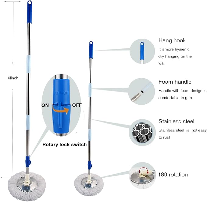 Spin Mop and Bucket with Wringer Set, 3 Microfiber Mop Heads, 61" Handle | 360° Spinning Mop System with Stainless Steel Adjustable Handle & 3 Microfiber Replacement Heads for Floor Cleaning