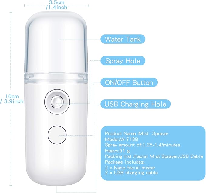 Honoson 2 Pack Nano Facial Mister for Lashes Sprayer,White | USB Rechargeable Handheld Humidifier with Eyelash Extensions, 1 Oz Portable Sprayer Ideal for Makeup Skin Hydration