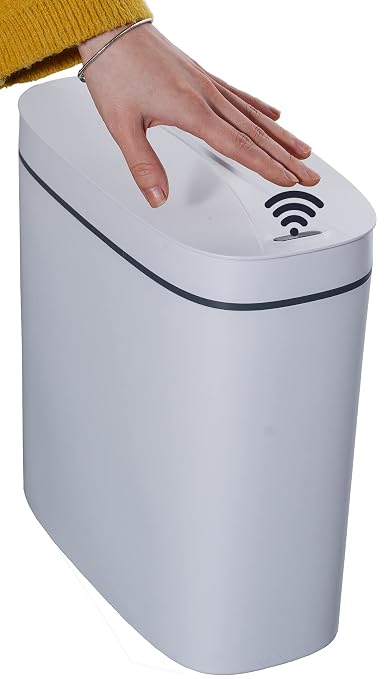 Sooyee 14 Liter Automatic Trash Can with Lid, White | 3.6 Gallon Narrow Garbage Can Touchless or Kick, For Kitchen, Bathroom, Office, Bedroom, Living Room
