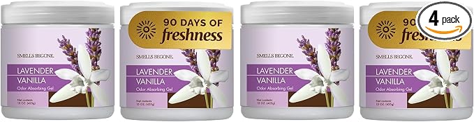 SMELLS BEGONE 15oz Gel Odor Eliminator - Absorb & Remove Tough Odors in Pet Areas, Bathrooms, Basements, Garage, Cars, RVs & Boats - Eliminate Odors Quickly (4-Pack, Lavender Vanilla)