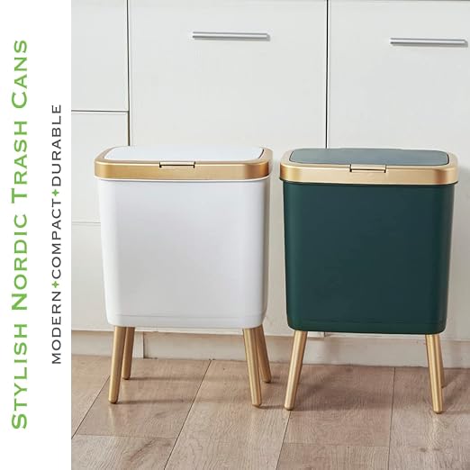 Procade 4 Gallon Bathroom Trash Can with Lid,Slim White and Gold Trash Bin | Bedroom Garbage can with Legs,Plastic Dog Proof Wastebaskets, Room Decor Bin for Kitchen,Office,Dorm,Laundry,Restroom,Rv