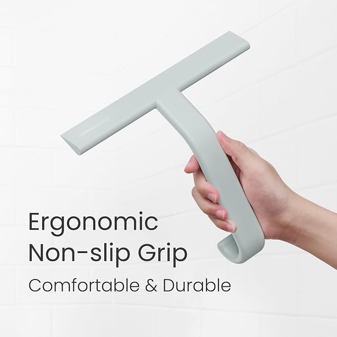 JustHang Shower Squeegee with Built-in Hook, 10-Inch Sage Green | Award-Winning Design, All-One-Piece Soft-Touch Silicone, for Glass Door, Bathroom, Window, Mirror, Tile Wall, Car