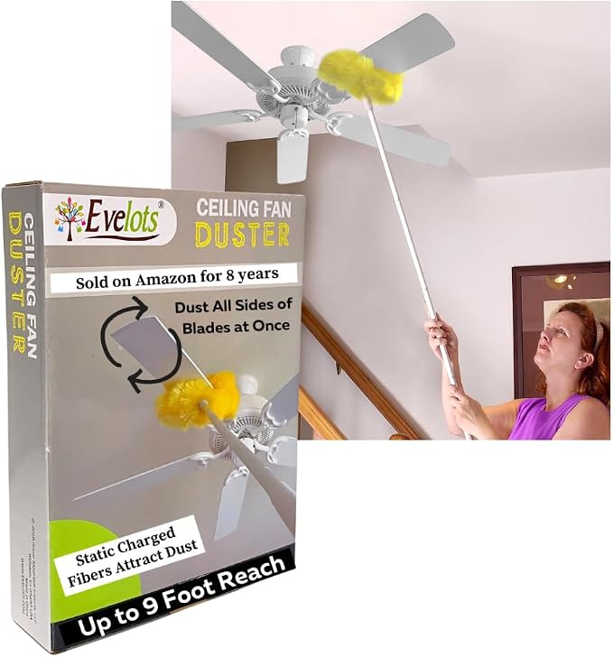 Evelots Ceiling Fan Blade Brush Cleaner - Long Extension Pole - Brush Both Sides at the Same Time - Scratch Resistant Microfiber Feather Cobweb Duster - Extra Long with Reach up to 9 Feet