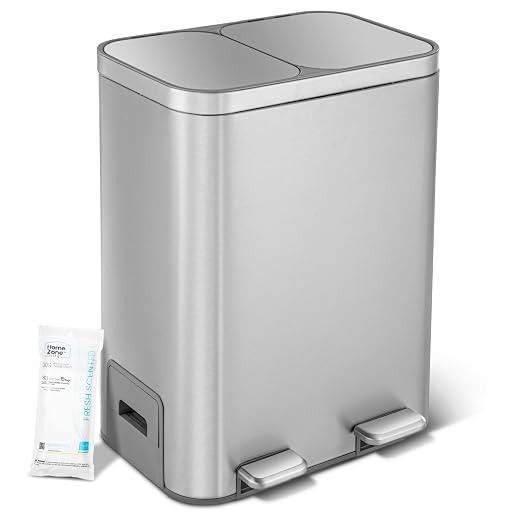 Home Zone Living 13 Gallon Kitchen Trash Can with Dual Compartments | Stainless Steel with Soft-Close Step Pedal Lids for Recycling and Bag Storage Drawer, Rectangular Design, Silver
