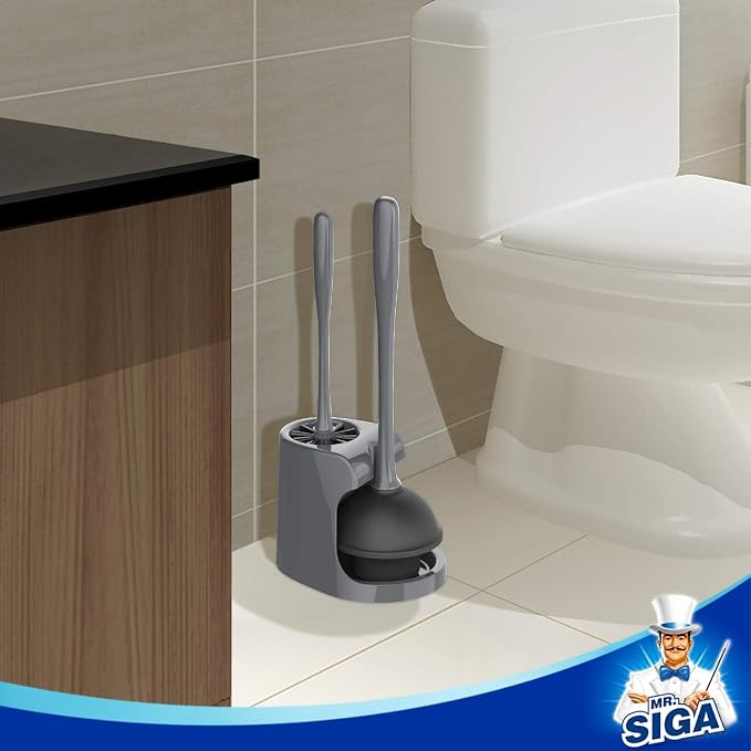 MR.SIGA Toilet Plunger and Brush Combo for Toilet Cleaning, Gray, 2 Set | Heavy duty toilet brush and plunger set, toilet bowl brush and plunger with holder