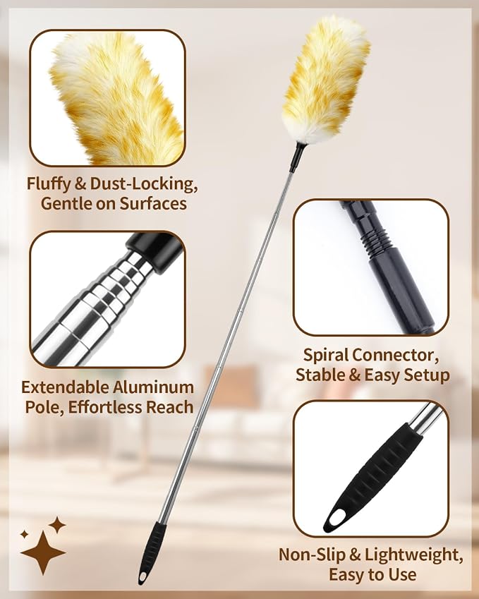 Extendable Wool Duster, 18-48 Inch Long Handle Duster with Natural Fluffy Wool Head, Dusters for Cleaning Ceiling Fans, Blinds, High Ceilings, Furniture, Washable & Reusable