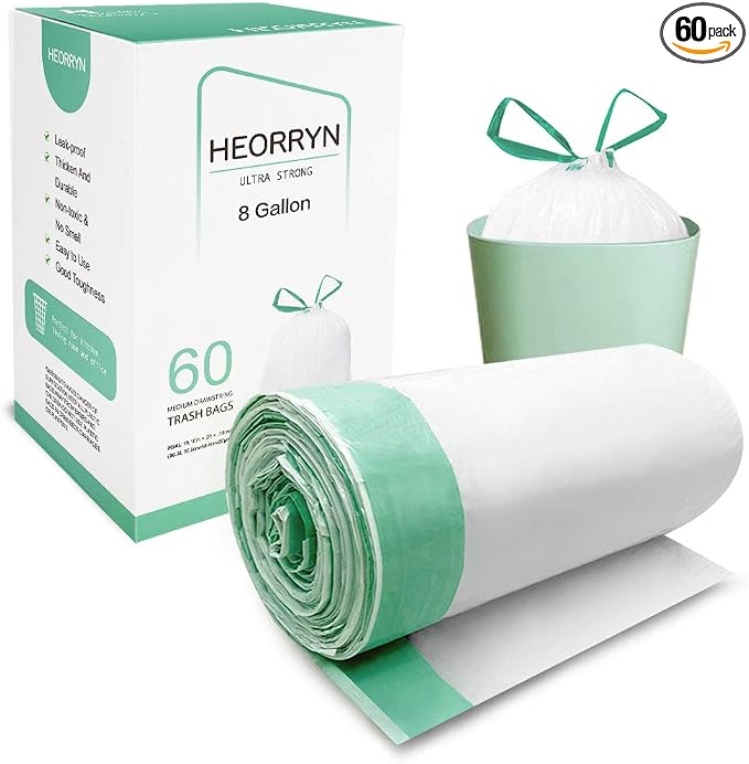 8 Gallon Drawstring Trash Bags,0.79 Mil Strong 60 Count Medium Garbage Bags | Ultra Strong Medium Trash Bags with Drawstring Closure,Unscented White Garbage Bags for Kitchens,Offices and Daily Cleanup