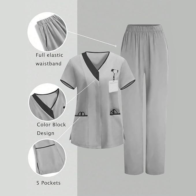2026 Housekeeping Uniform Cleaning Uniforms - Button V Neck Top & Pants with Multi Pockets - Scrubs for Women