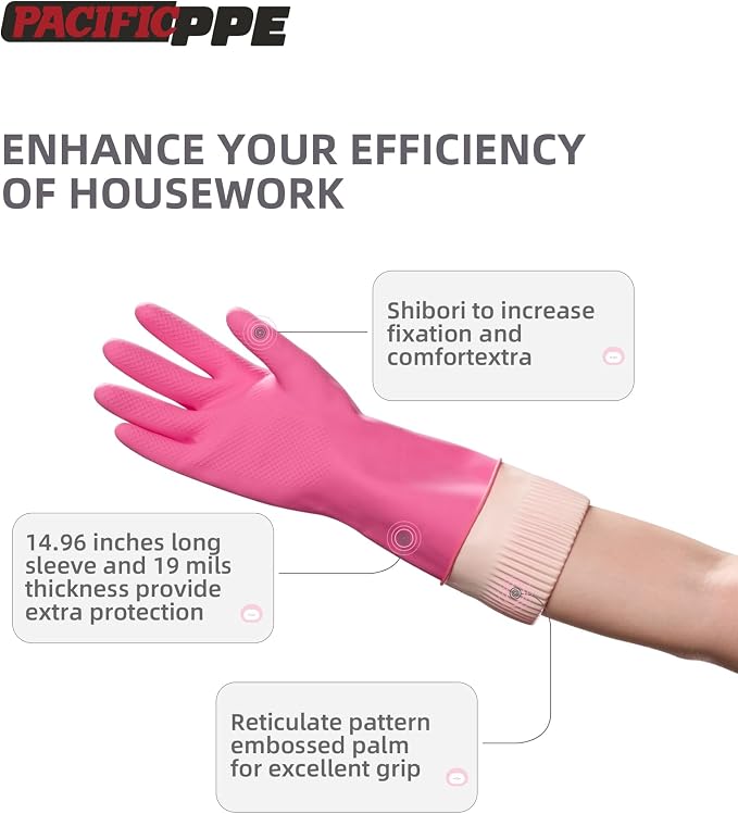 PACIFIC PPE Reusable Natural Latex Dishwashing Cleaning Gloves, 2 Pairs | Kitchen gloves, dishwashing gloves, waterproof, reusable, non-slip grip, flexible fit for laundry and household cleaning