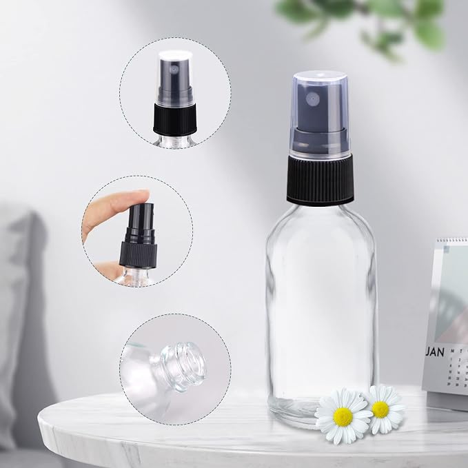 4 oz Mini Glass Spray Bottles, Empty Small Spray Bottles with Funnel Dropper, Fine Mist for Hair, Travel, Plants, Cleaning Solutions and Skin Care (4 Pack Clear)