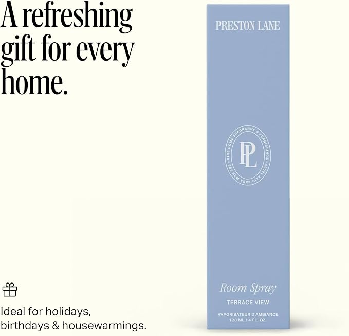 Preston Lane Room Spray Air Freshener, Home Fragrance - Terrace View | Water-based Non-toxic Air Freshener Spray, 3.4 fl oz, Elegant Long-Lasting Room Scent, Odor Eliminator, Fine Mist Spray