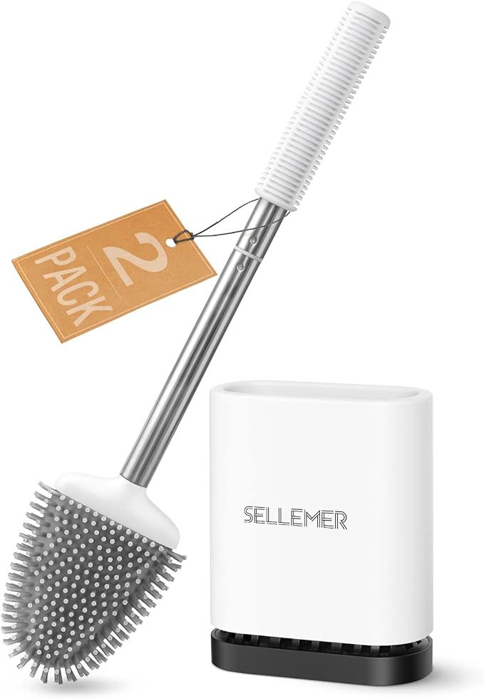 Silicone Toilet Brush, Ventilation Slots Base Holder 2 Pack, White | Flexible Bristles Flat Head for Rim, Hair Tangle-Free, Easy to Clean, Compact Design, Rustproof Handle, for Toilet/Sink/Tub