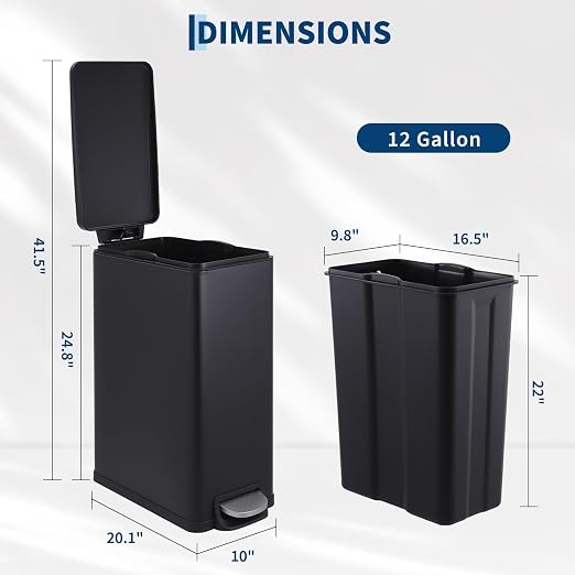 2 Slim Narrow Kitchen Trash Can with Lid, 10L+45L Stainless Steel Step Pedal Garbage Can, Soft Close & Stay Open Lid Design, Space Saving Trash Bin with Removable Inner Bucket for Kitchen, Bathroom