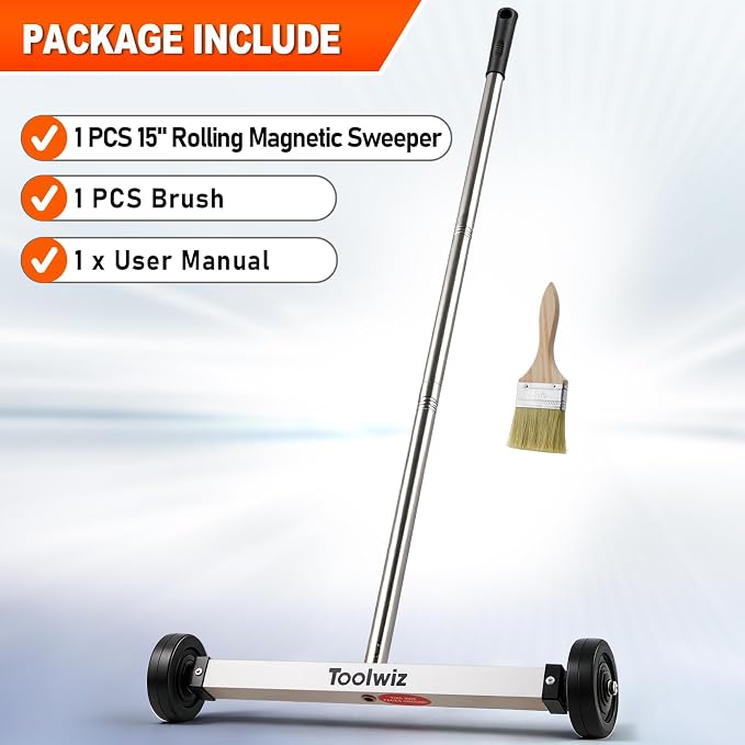 Toolwiz 15" Rolling Magnetic Sweeper 10 Lbs Rolling Magnetic Sweeper | 10lbs Capacity Sweeper, Magnetic Pick Up Tool, Lightweight with Wheels, For Nails, Screws & Metal Debris