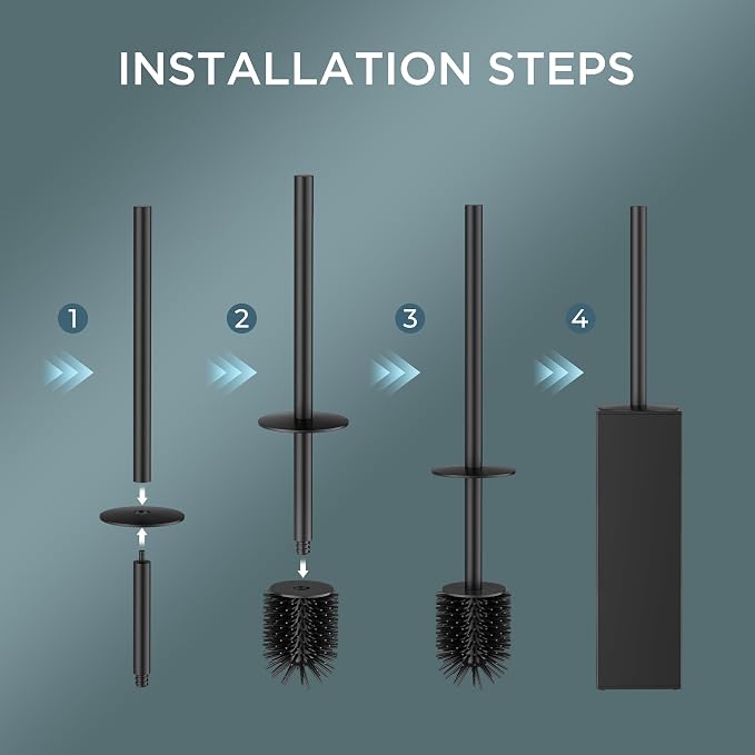 FORIOUS Stainless Steel Toilet Bowl Brush Scrubber and Holder Set Tall | Black, Extended Handle, Removable Inner Bowl, Stable Splash Guard, Steel Joint, Scratch‑Resistant Bristles, for Bathroom RV