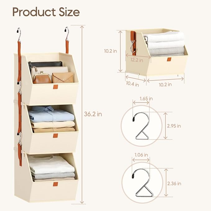 Collapsible Hanging Closet Organizer - 6 Tier Closet Shelves Storage System with Hooks, Fabric Hanging Storage Bins for Clothes, Foldable Storage Basket for Laundry, Bedroom, Rv, Beige