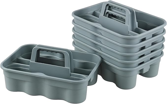 Cleaning Caddy Organizer with Handle, 6-Pack Caddy Basket | Portable All-Purpose Basket for Cleaning Supplies, Shower, and Laundry, Grey, Plastic, Stackable, Easy-Carry Grip