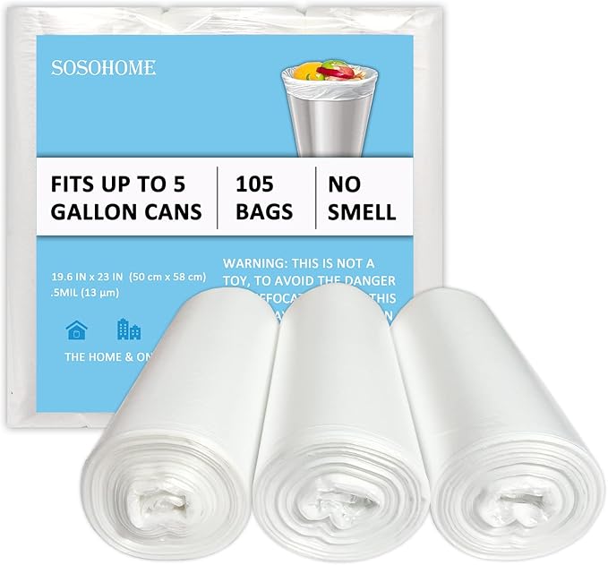 5 Gallon Trash Bags 105 Count | 20 Liter Strong Garbage Bags Small Clear Liners for Office Kitchen Bathroom Home Wastebasket