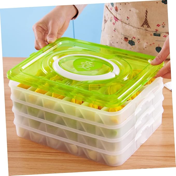 Portable Dumpling Storage Box Four Layers 18 Slots PP Organizer | Stackable Trays with Two Buckles Each, Handle for Carrying, Green Simple Design for Camping and Housekeeping