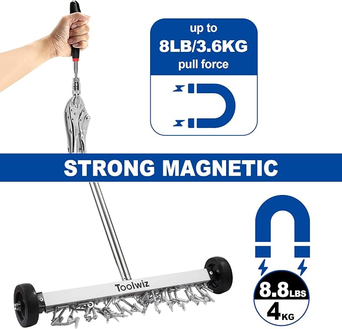Toolwiz 17" Rolling Magnetic Sweeper with LED Telescopic Pick Up Tool | 10lbs Capacity Sweeper, 8lbs Telescopic Magnetic Pick Up Tool with LED Light, Lightweight with Wheels