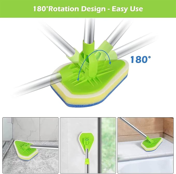 Shower Cleaning Brush with Long Handle, 3 in 1 Tub Tile Scrubber Brush, Adjustable Extendable Multifunctional 180° Rotatable Triangle Cleaning Mop for Cleaning Bathroom Bathtub Floor