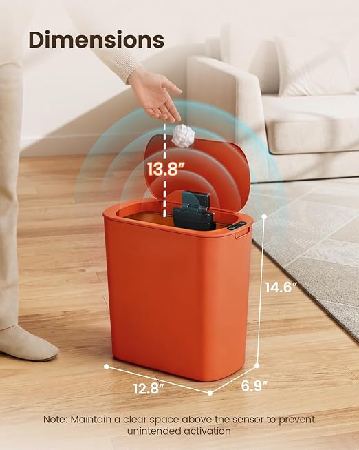 TIPGO 5 Gallon Automatic Bathroom Trash Can with Lid, Orange, Touchless | Motion Sensor, Slim Smart Garbage Bin, Plastic Wastebasket, Battery Operated, Manual Button, for Bedroom, Office,RV