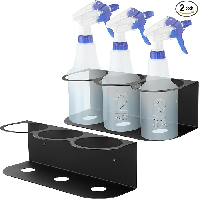 Therwen 2 Pcs 3 Holes All Purpose Steel Spray Bottle Holder Heavy Duty Can Holder Rack Organizer Easy Install Wall Mount Paint Spray Bottle Organizer Storage Rack for Garage Home Workspace(Black)