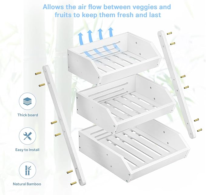 G.a HOMEFAVOR 3-Tier Fruit Basket for Kitchen Counter, White, Self-assembly | Large Fruit Bowl for Fruit Shop, Vegetable Storage Stand and Home Organizer, 15 mm Thickness