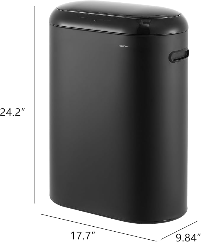 happimess 13.2 Gal Oval Motion Sensor Trash Can, Charcoal Black | Oval, Motion Sensor, Touch Mode, Soft Close Lid, Powder Coated Iron, Side Handles, 17.7" W x 9.84" D x 24.2" H