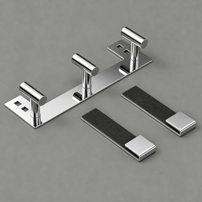 PMMASTO 3-Hook Shower Door Rack, Polished Silver, Fits 3/8-Inch Glass | Extra-Long Heavy-Duty Stainless Steel, No-Drill Design, 3 T-Shaped Hooks for Bathrobes and Towels on Frameless Shower Doors