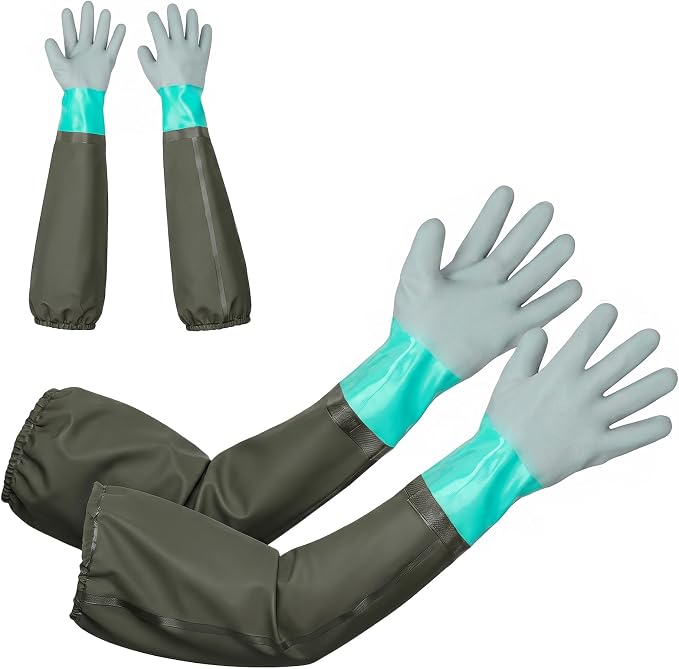 2 Pairs Aquarium Gloves Heavy Duty - 27.5 inch Waterproof Oil Resistant Anti-Slip Moisture-Wicking Elbow Length Gloves for Cleaning Pond Pet Fishing Garden Machinery Industry, Light Blue Gray