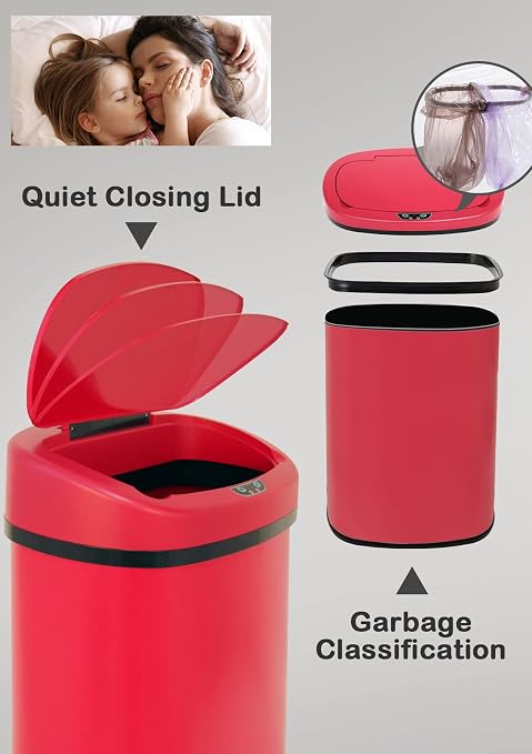 50L/13 Gallon Automatic Trash Can Garbage Can, Large Stainless Steel Kitchen Trash Can Motion Sensor Garbage Can Touchless Trash Bin with Lid for Kitchen Home Office, Soft Close Lid (Red)