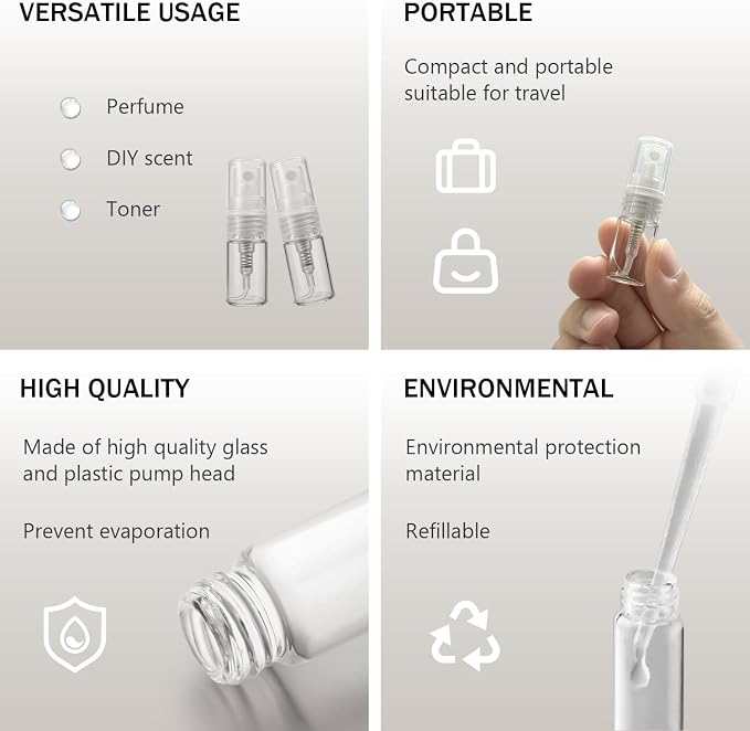 Elfenstall- 50PCS Clear Fine Mist Sample Vial Small 2ML Protable Refill Glass Atomizer Spray Perfume Bottle Hydrating Empty Bottle for Travel Makeup Party Free 5PCS Pipette Dropper