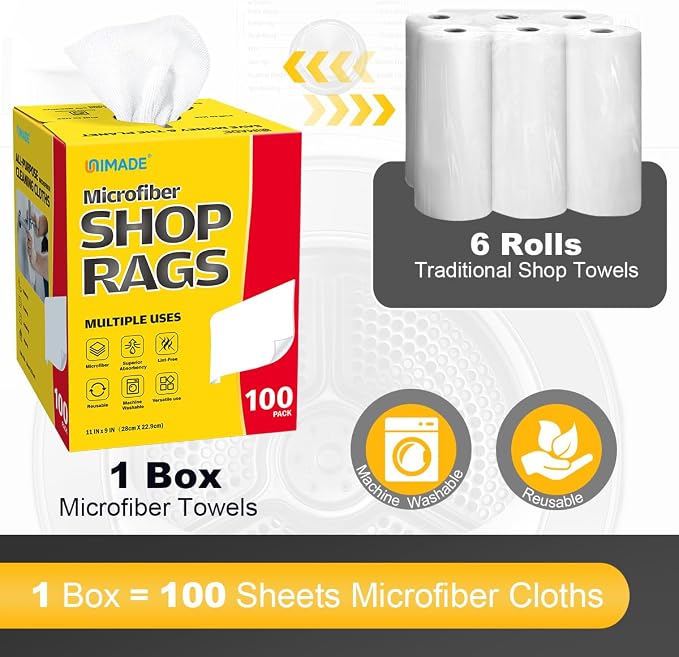 Shop Rags, 4 Boxes - 400 Sheets Microfiber Cleaning Cloth | Commercial Grade Washcloths Lint-Free Bulk Shops Towels for Cars Mechanic Restaurant Garage Housekeeping, 11"x 9", White