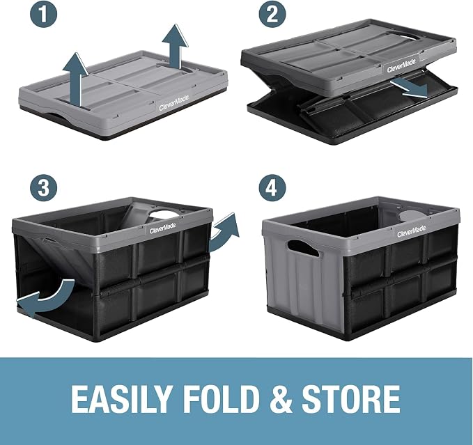 CleverMade Collapsible Storage Bins, 32L, 3 Pack Foldable Storage, Obsidian | Turn Trunk and Garage Clutter into Stackable Order | Reinforced Plastic Handles Up to 66 lb, Then Nests Compactly When Folded