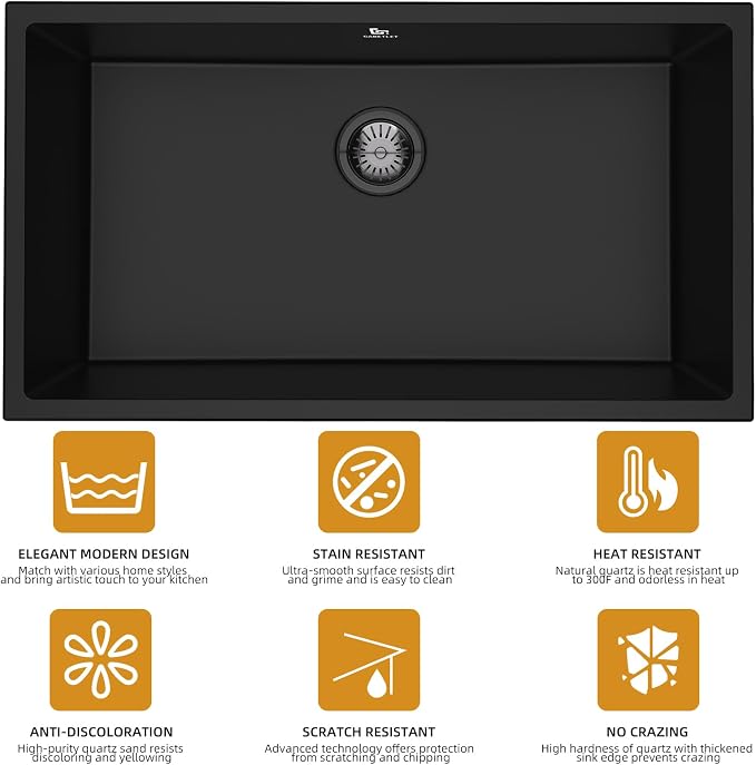 32-inch Granite Composite Kitchen Sink, GABETLET Undermount Quartz Kitchen Sinks with Spacious Workspace and Easy Cleaning, Black Single Bowl Deep Sink with Complete Accessories