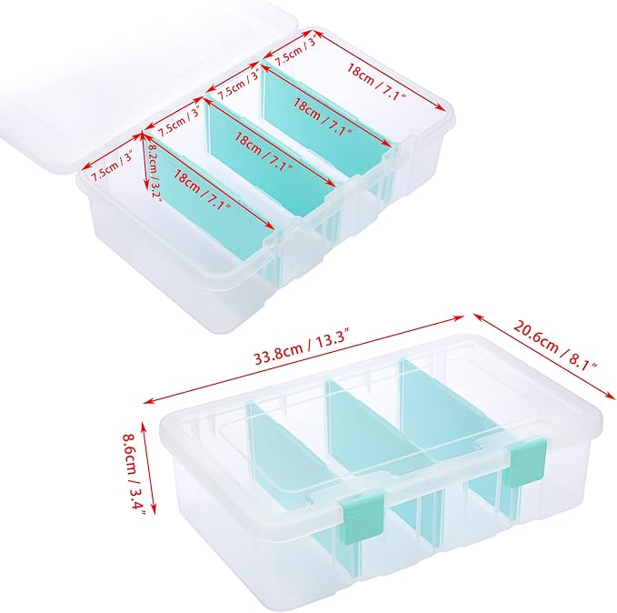 BTSKY Clear Plastic Dividing Storage Box with 4 Compartments Adjustable Storage Bin with Lid Plastic Craft Storage Container Multipurpose Sewing Box Art Supply Organizer, 13.3x8.1x3.4 Inches | 13.3x8.1x3.4 Inches Adjustable Storage Bin with Lid Plastic...
