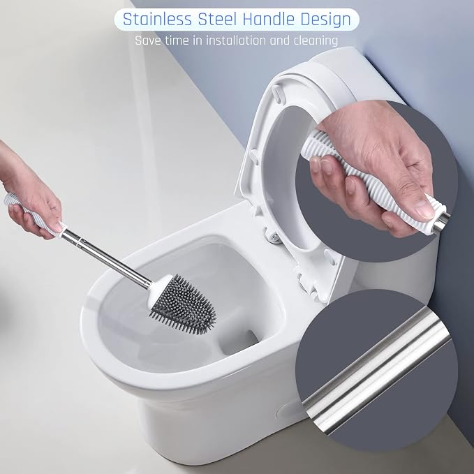 Silicone Toilet Brush, Ventilation Slots Base Holder 1 Pack, White | Flexible Bristles Flat Head for Rim, Hair Tangle-Free, Easy to Clean, Compact Design, Rustproof Handle, for Toilet/Sink/Tub