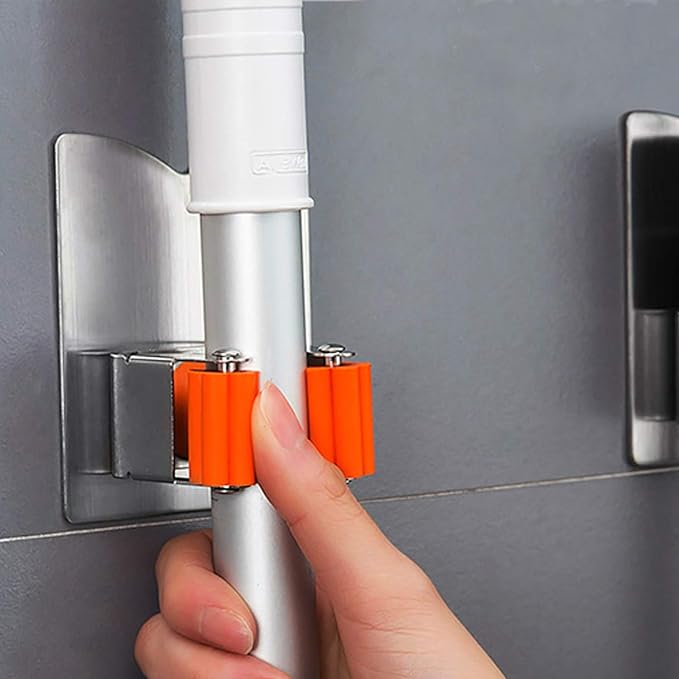 Broom Holder Wall Mount, 2 Pack Orange Stainless Steel Mop and Broom Organizer, Heavy Duty 15 Lbs Self Adhesive Tool Hanger, No Drill V-Shape Broom Hooks for Garage, Kitchen, Bathroom