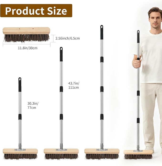Heavy Duty Deck Brush with Long Handle, 54" Adjustable Stainless Steel Handle, Stiff Natural Palmyra Bristles, Outdoor Scrub Brush for Concrete Patio Garage Tile Floor Sidewalk Cleaning