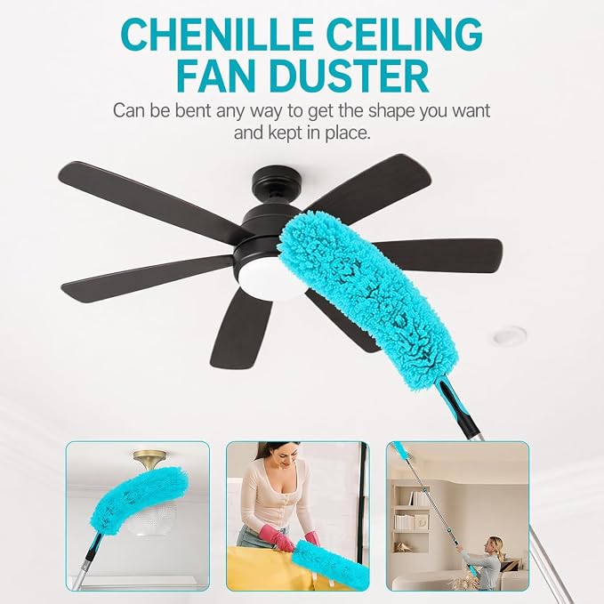 High Ceiling Duster Kit with 3-8FT Heavy Duty Extension Pole, Reaches Up to 13FT, Includes Microfiber Feather Duster, Cobweb and Ceiling Fan Duster, Window Squeegee Cleaner & Skylight Hook (8FT)